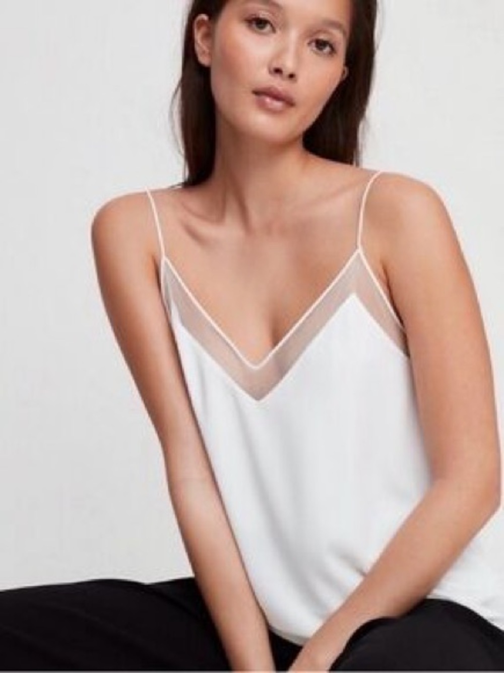BABATON white mesh trim V neck cami tank top / size XS